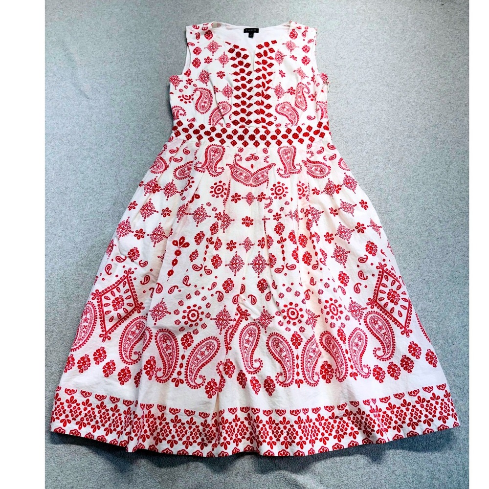 Talbots Womens Size 2 Red White Bandana Paisley Print Cotton Blend A-Line Dress